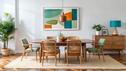 Modern living room interior minimalist design Features wooden table adorned decorative vases sculptures chair woven seat abstract painting