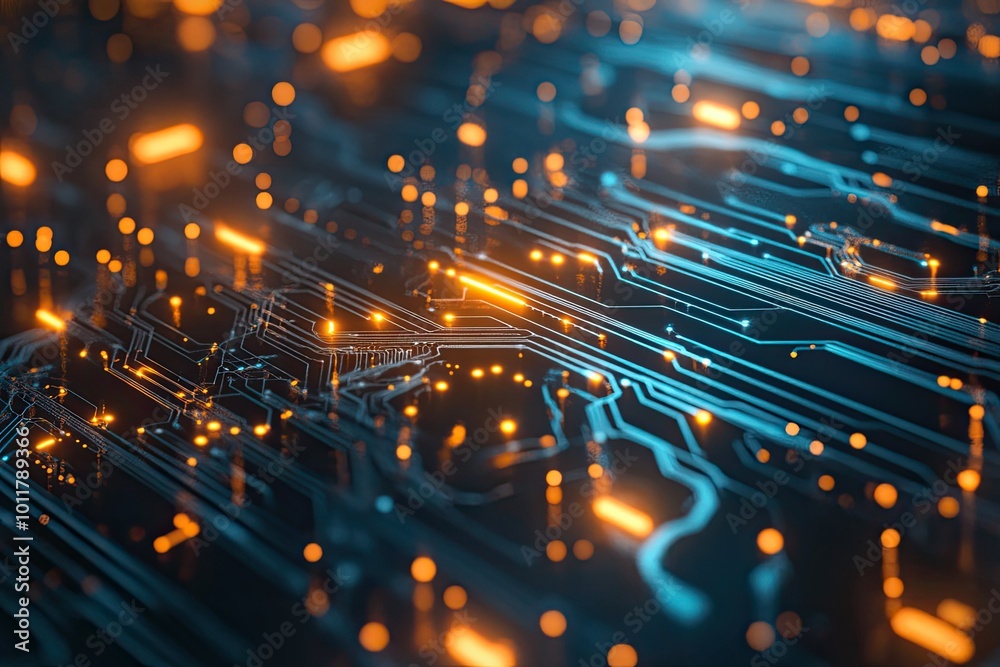 Wall mural abstract technology background featuring glowing circuits and vibrant lights, representing digital i