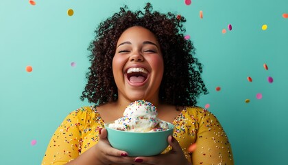 Overweight woman happily eating a bowl of ice cream with sprinkles on a mint green background