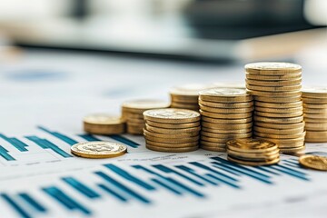 Close-up of stacked coins on financial charts, representing investment, savings, and economic growth in a modern business environment.