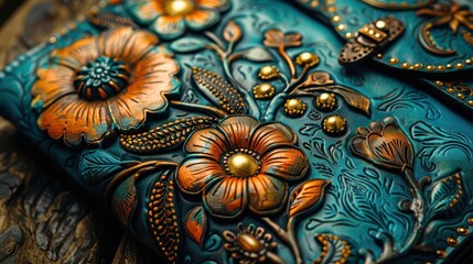 Handmade wallet with intricate designs, artistic and stylish, Artisan, Soft tones, Photograph, Craftsmanship