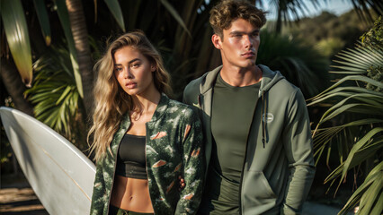 Fototapeta premium Young couple of surfers on the tropical beach at a beautiful sunny day. Surfing clothes advertising