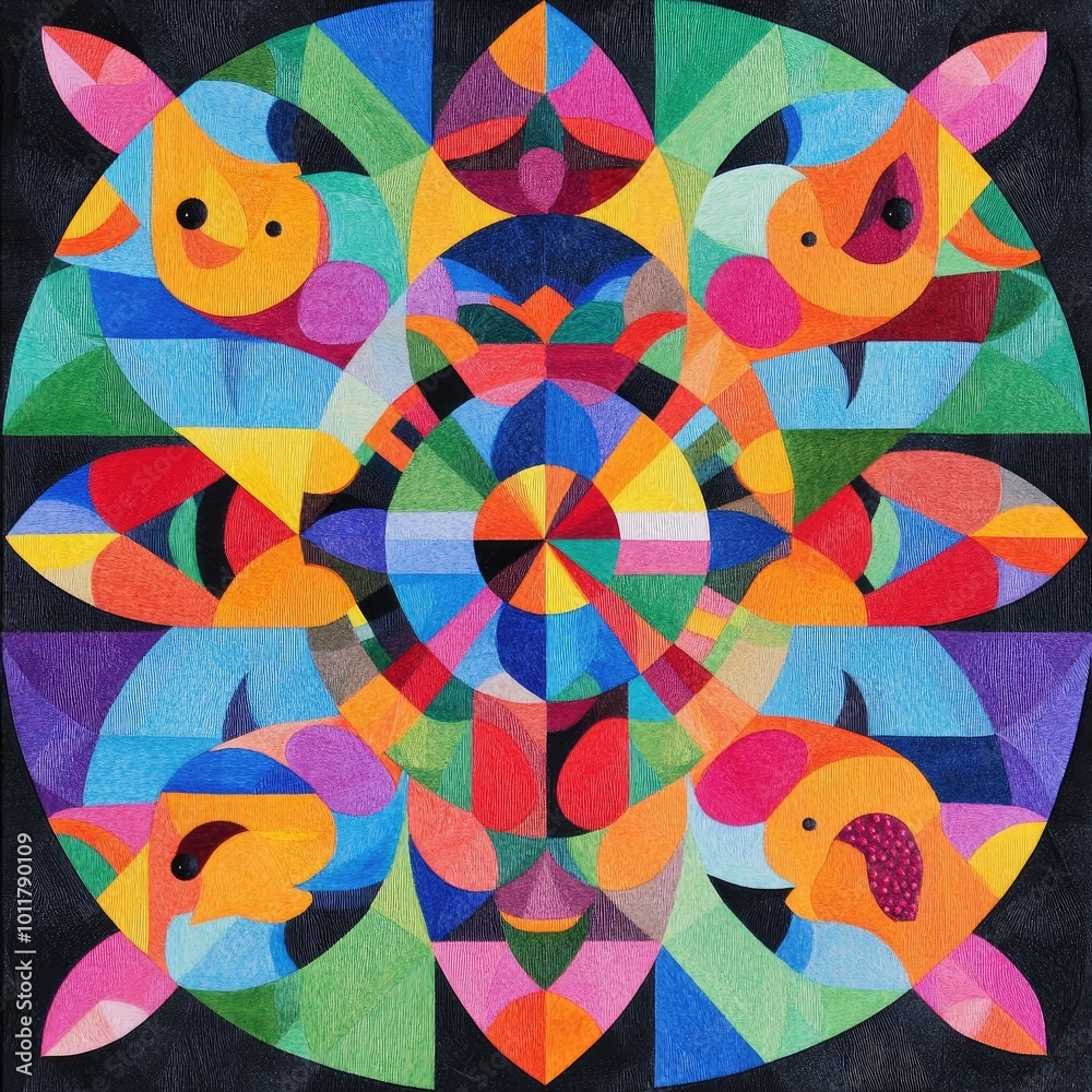 Sticker vibrant abstract design featuring colorful geometric shapes and playful motifs, perfect for adding e