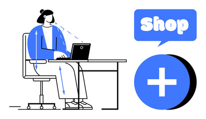 Woman seated at a desk with laptop, arrows indicating actions. Speech bubble with word Shop and add to cart icon. Ideal for online shopping, e-commerce, digital marketing, retail sales, internet
