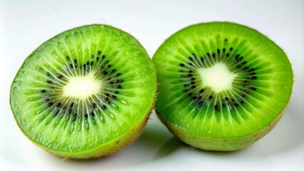Fototapeta premium Two halves of a kiwi fruit on a white plate, showing the green flesh and black seeds.
