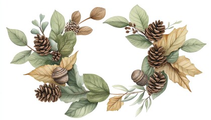 Obraz premium Pinecone and leaf wreath illustration