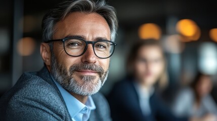 Senior businessman with glasses smiling in a modern office environment