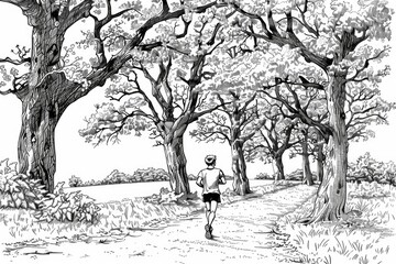 Fototapeta premium Coloring book illustration of a young man jogging on a sunny path through a scenic autumn forest with oak trees