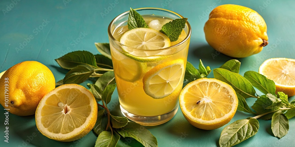 Poster Refreshing lemon drink with fresh lemons on a green surface.