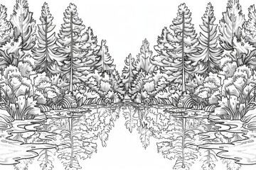 Naklejka premium Coloring book illustration of a vibrant forest reflecting in a serene river vertical
