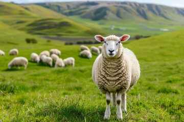 Fototapeta premium Pastoral sheep grazing in scenic hills
