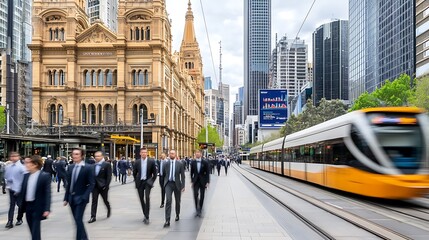 Obraz premium A bustling city street with a tram passing by, showcasing a modern cityscape with tall buildings and people commuting.