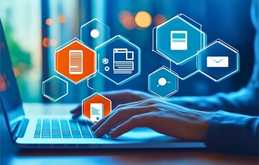 Person typing on a laptop with digital graphics showing network connectivity, data analysis, and modern technology concepts, set in a vibrant, futuristic office setting.