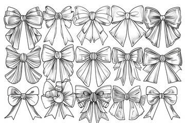 Coloring book illustration of an array of decorative bows on a blank background