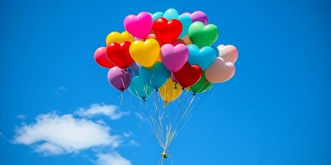 Heart-Shaped Balloons: Depict a vibrant scene of heart-shaped balloons floating in the sky at a celebration or festival, representing love and joy.