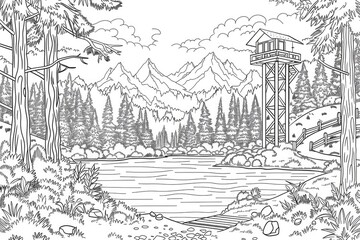 Coloring book illustration of a serene natural forest reserve with a lake featuring an observation tower hiking trails and majestic mountains