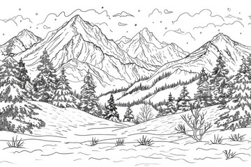 Fototapeta premium Coloring book illustration of a winter ski scene with snow covered mountains and trees