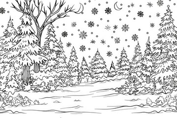 Obraz premium Coloring book illustration of a winter forest under the night sky