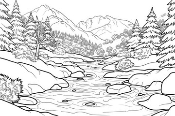 Fototapeta premium Coloring book illustration of a serene mountain stream surrounded by snow in winter