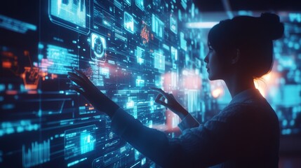 A person interacts with a holographic user interface in a modern office environment filled with vibrant data visualizations at dusk