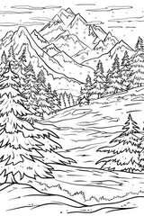 Naklejka premium Coloring book illustration of a serene winter landscape showcasing snow covered mountain peaks and frosted evergreen trees under a crisp blue sky creating a tranquil and majestic atmosphere
