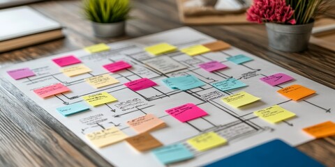 Customer Journey Mapping: Illustrate a visual representation of a customer journey map on a whiteboard, with sticky notes and arrows showing various touchpoints in the cu