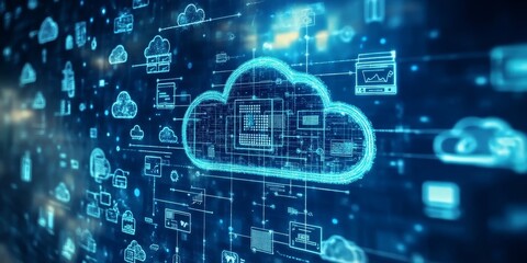 Cloud-Based Data Warehouse: Show a modern cloud-based data warehouse architecture, with icons representing data sources, cloud services, and user interfaces, emphasizing