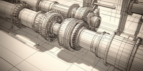 CAD Design: Illustrate a computer-aided design (CAD) screen showing a detailed 3D model of gears and machinery, highlighting the design process in mechanical engineering.