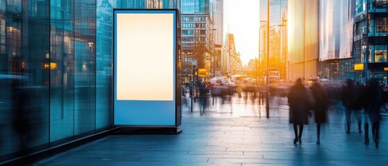 Dynamic urban scene at sunset featuring a blank billboard and bustling pedestrians in a city environment.