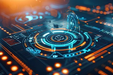 Futuristic digital interface with glowing elements and intricate patterns, ideal for technology and innovation themes.