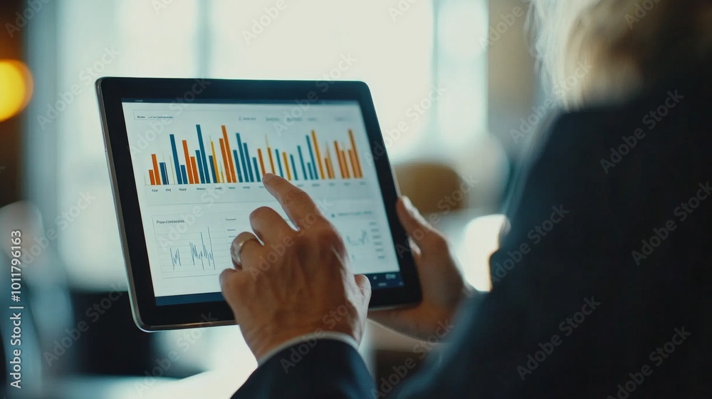 Poster business professional analyzing data on tablet device