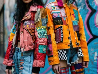 Fototapeta premium Urban street fashion design with stylish outfits, dynamic and trendy, Fashion, Bright hues, Photograph, Urban style