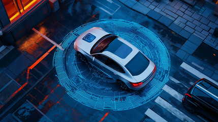 Obraz premium A smart car parking assist system is visualized from a top view, featuring autonomous technology for secure road scanning and self-parking, Ai