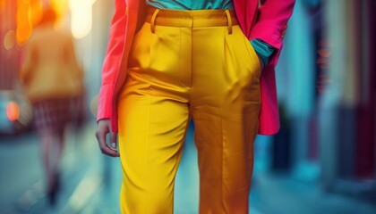 Obraz premium Urban street style photography with dynamic scenes, stylish and vibrant, Fashion, Bright hues, Photograph, City life