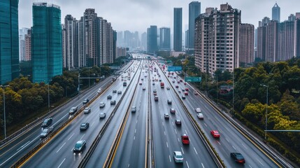 Fototapeta premium Urban Highway Traffic in Rainy City Landscape