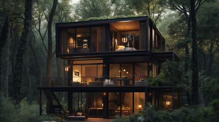 Modern glass house nestled in a forest with warm lighting during twilight hours showcasing nature and architecture
