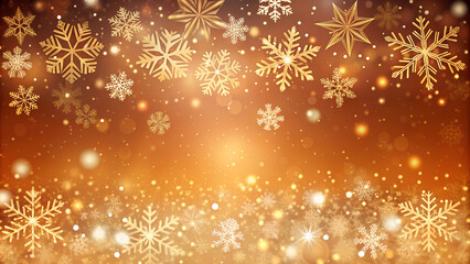 Warm golden winter background with snowflakes and shimmering lights in festive atmosphere

