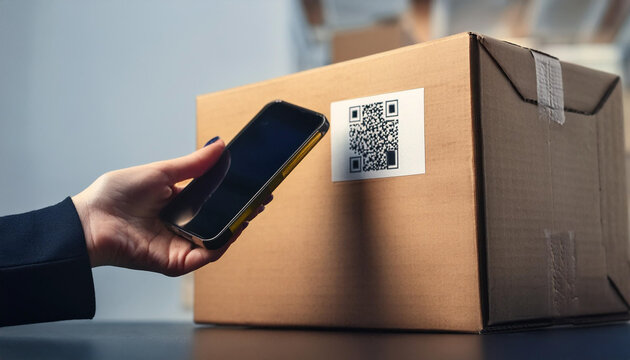 detail of woman scanning a qr code of a box at home - home delivery concept -

