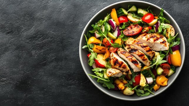 A vibrant vegetable salad with grilled chicken served on a black stone background, with an open space for text along the top edge of the image.
