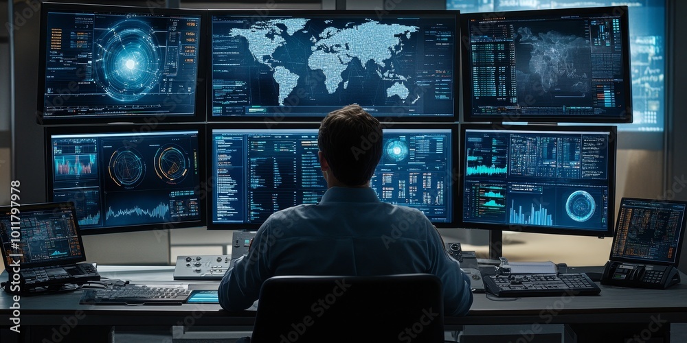 Fototapete stock market analysis: create an image of a person analyzing stock market graphs on multiple screens