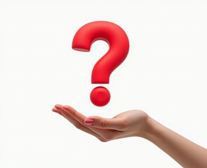 A red question mark over a woman's palm on a white background
