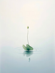 Serene minimalist image of a single lotus bud and leaf floating on still water, creating a tranquil and meditative atmosphere with soft reflections