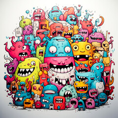 Fototapeta premium Playful and vibrant doodle of various colorful cartoon monsters with expressive faces, creating a fun and whimsical design filled with quirky characters