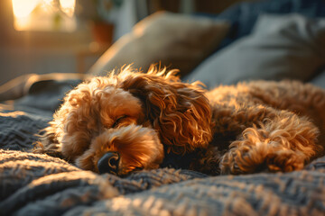 Poodle dog sleeping in a cozy spot at home