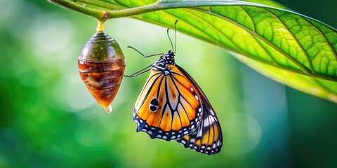 Fototapeta premium A Close-Up View of a Butterfly Pupa Hanging from a Leaf in Nature's Vibrant Environment