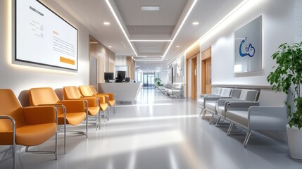 Modern hospital corridor with seating and reception area designed for patient comfort.