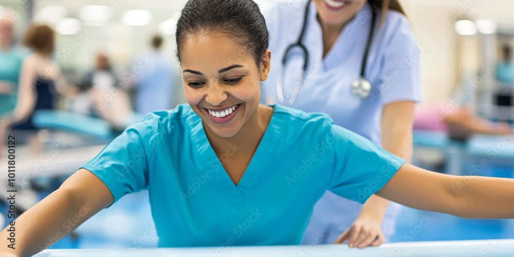 Poster physical therapy in action: show a physical therapist assisting a patient with rehabilitation exerci