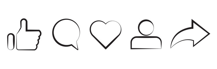 Social media icons thumb up and heart icon with repost and comment. Flat signs icons on white background. eps10