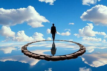 A figure walking on a shimmering path that disappears into the sky, symbolizing the fantastical challenges of finding meaning and purpose in the future