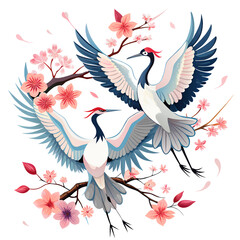 Japanese red-crowned crane birds in oriental style and sakura blossom isolated on white background © Selena Moore